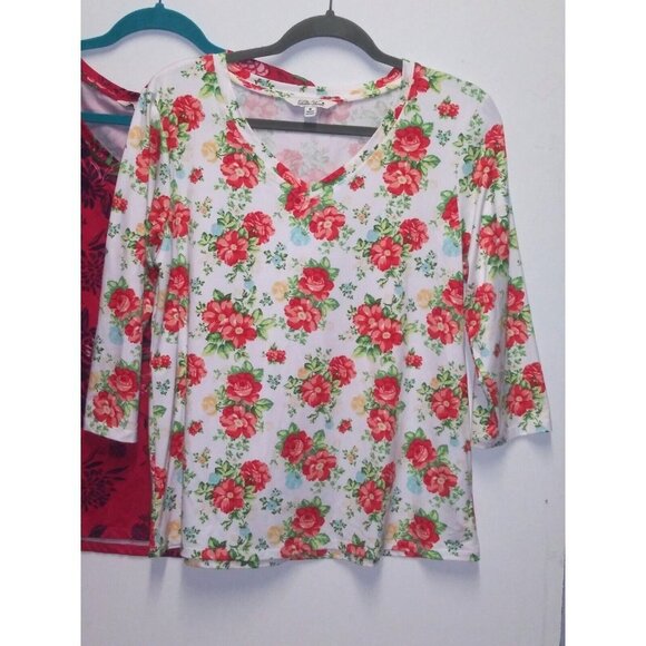 Pioneer Woman Lot of 2 Floral tops Sz M 3/4 Sleeve red and cream soft relaxed EC - Picture 4 of 10